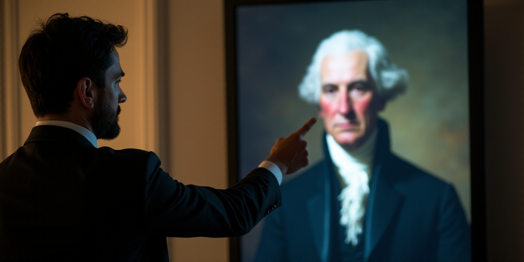 a man pointing at a picture of a man in a suit and tie on a screen with a portrait of george washing