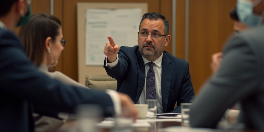 a man pointing at a woman in a suit and tie at a table with other people in front of a sign, Carlos