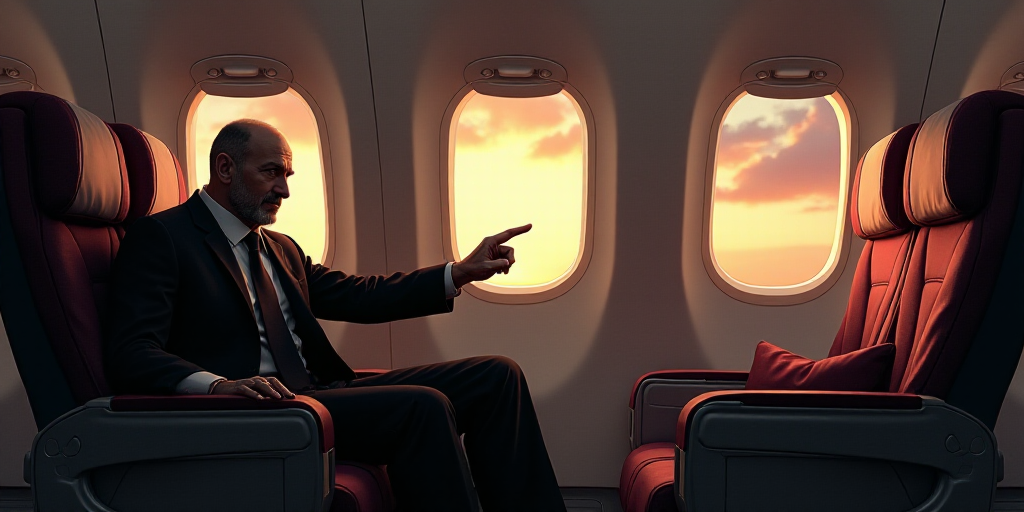a man pointing at another man's hand while sitting on a couch in an airplane with windows behind him