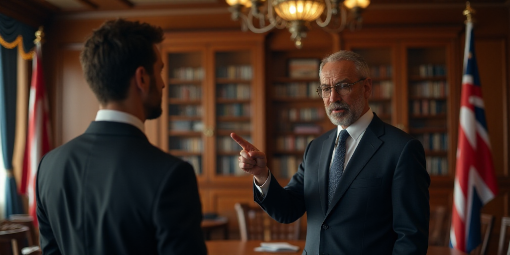 a man pointing at another man in a suit and tie in a room with flags and books on the walls, Beeple,