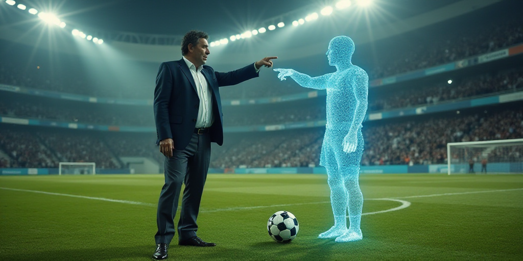 a man pointing at something while standing on a field with a soccer ball in his hand and a soccer ne