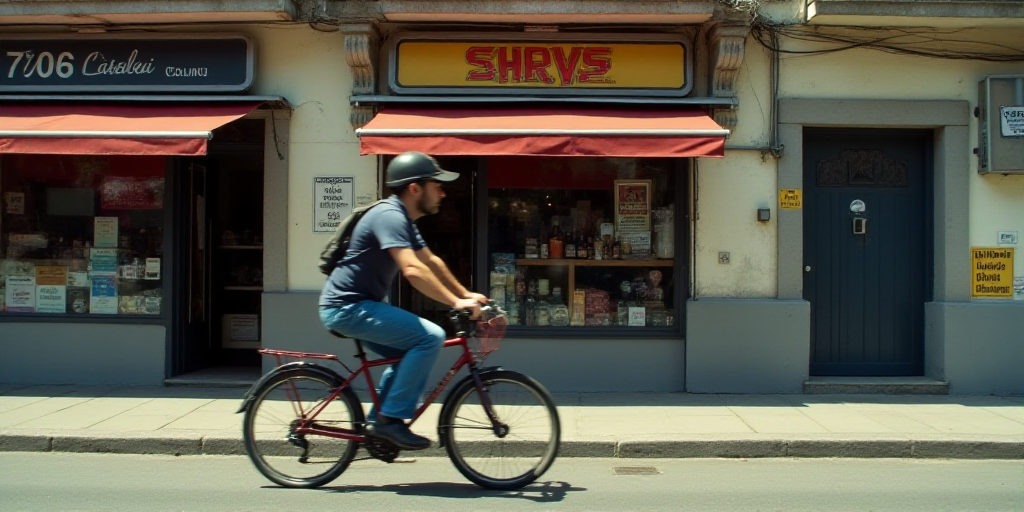 a man riding a bike down a street past a store front with a sign on it's side, Carlos Catasse, scree
