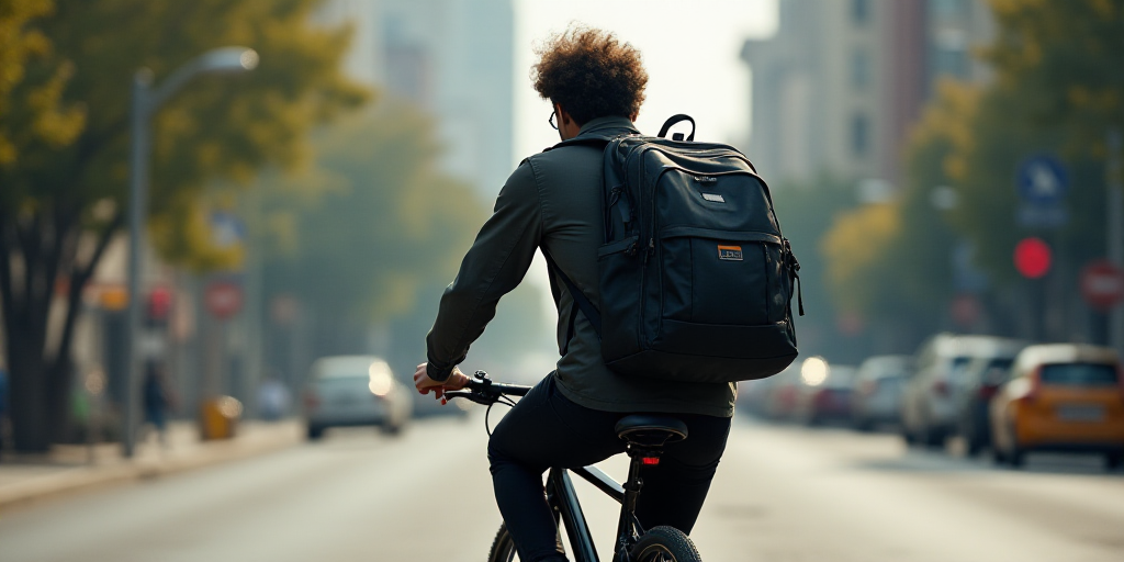a man riding a bike down a street with a backpack on the back of it's back pack, Federico Uribe, hyp