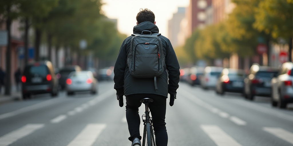 a man riding a bike down a street with a backpack on the back of it's back pack, Federico Uribe, hyp