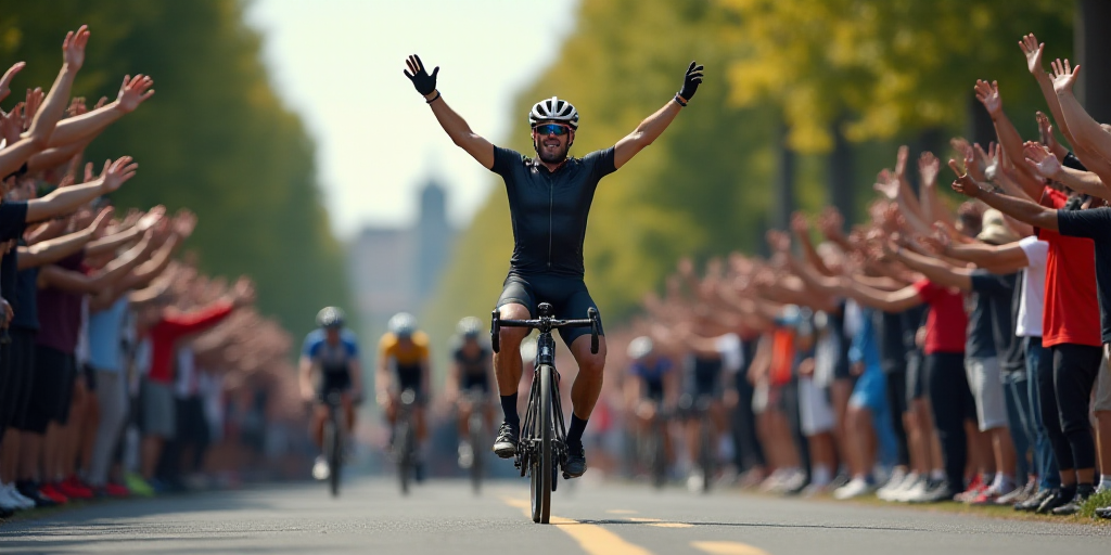 a man riding a bike down a street next to a crowd of people on a bike race course with their arms in