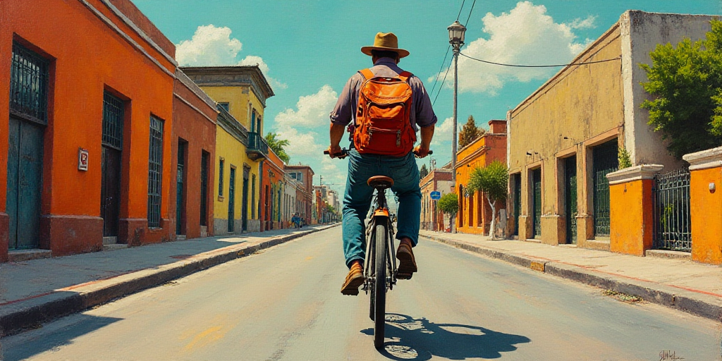 a man riding a bike down a street with a backpack on it's back and a backpack on his back, Diego Riv