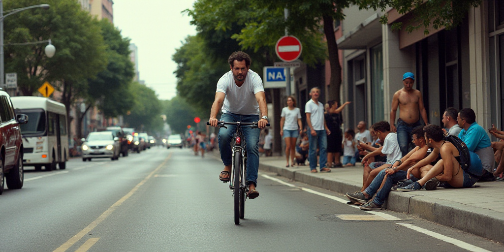 a man riding a bike down a street next to a sidewalk with people walking and sitting on the sidewalk