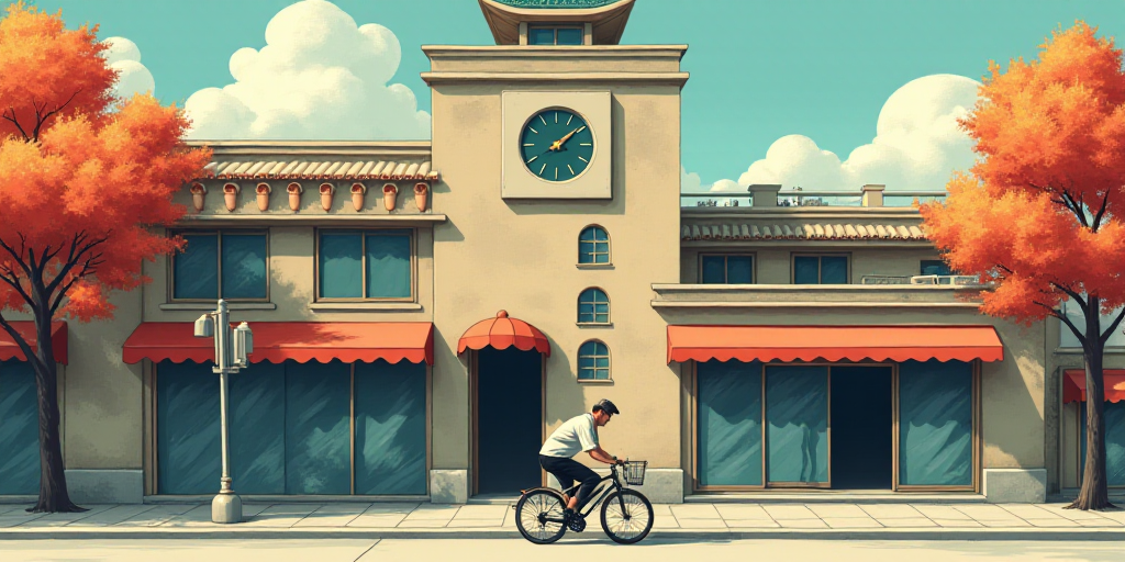 a man riding a bike down a street next to a building with a clock on it's side, Bian Jingzhao, phuoc