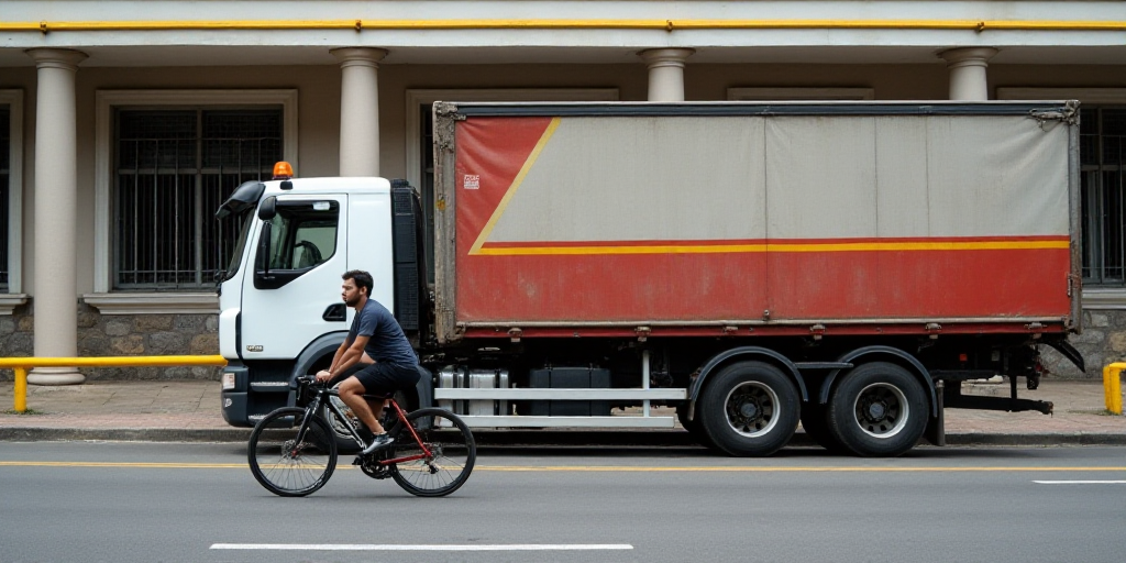 a man riding a bike past a large truck on a street corner in front of a building with a yellow guard