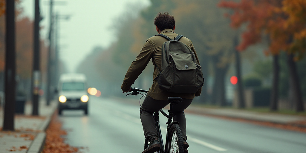 a man riding a bike with a backpack on the back of it's back pack on the street, Aquirax Uno, dystop