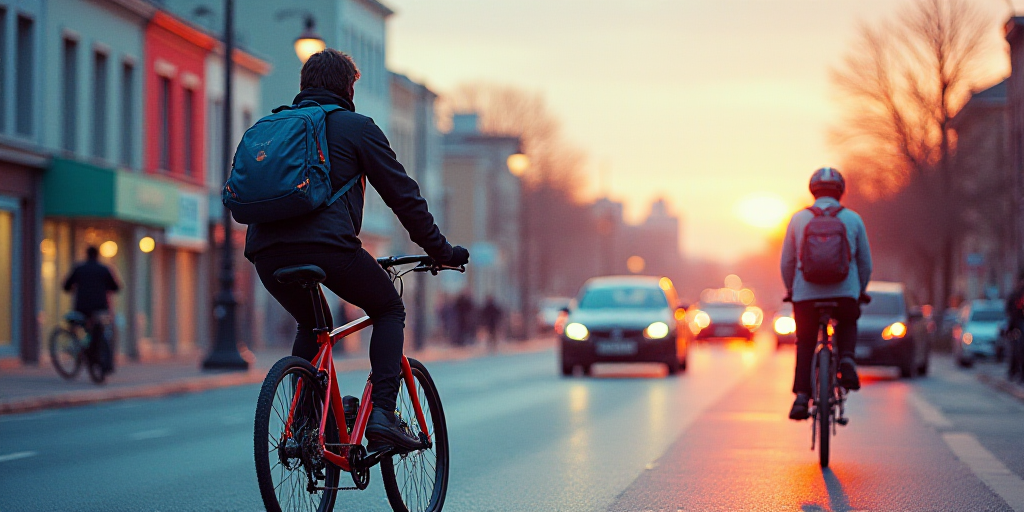 a man riding a bike with a backpack on his back in the street with other people on bicycles and cars