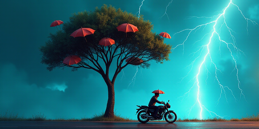 a man riding a motorcycle down a street next to a tree with umbrellas on it and a blue sky backgroun