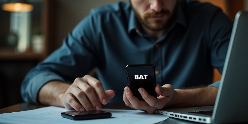 a man sitting at a desk with a laptop and a cell phone in front of him with the word bat on it, Bál