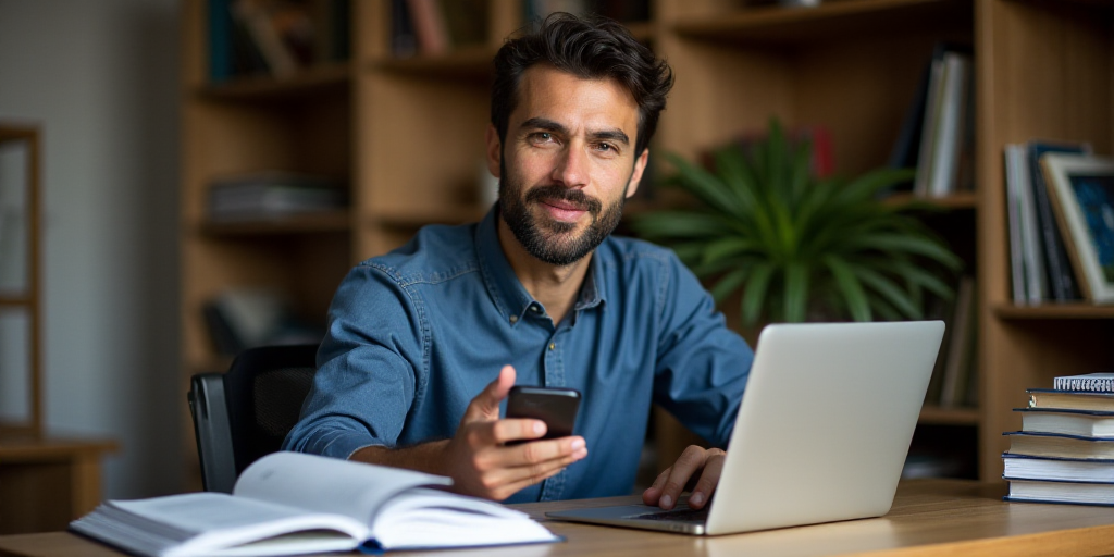 a man sitting at a desk with a laptop and cell phone in his hand and a stack of books behind him, Ce