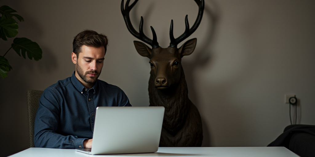 a man sitting at a table with a laptop computer in front of him and a deer head sculpture behind him