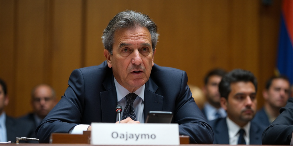 a man sitting at a table with a microphone in front of him and a sign behind him that says goberino