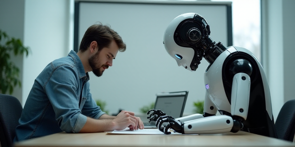 a man sitting at a table with a robot standing over him and looking at a piece of paper in front of