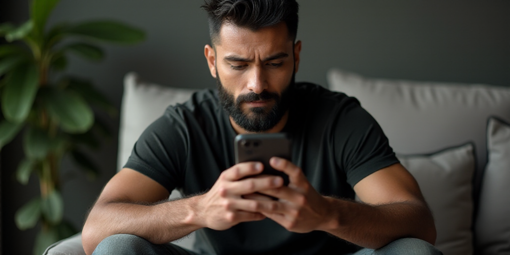 a man sitting down holding a cell phone in his hands and looking at it with a serious look on his fa