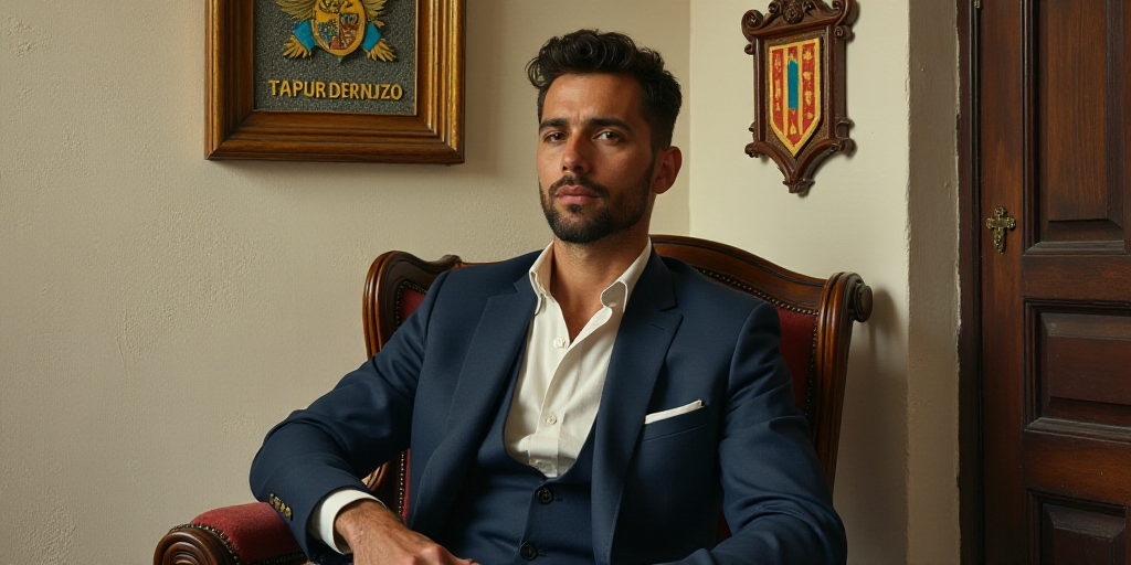 a man sitting in a chair in front of a sign and a wall with a coat of arms on it, Carlos Trillo Name