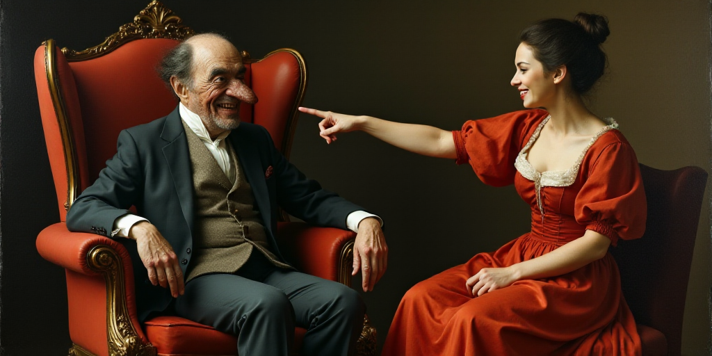 a man sitting in a chair with a weird face on his face and a woman pointing at him with a smile, Ali