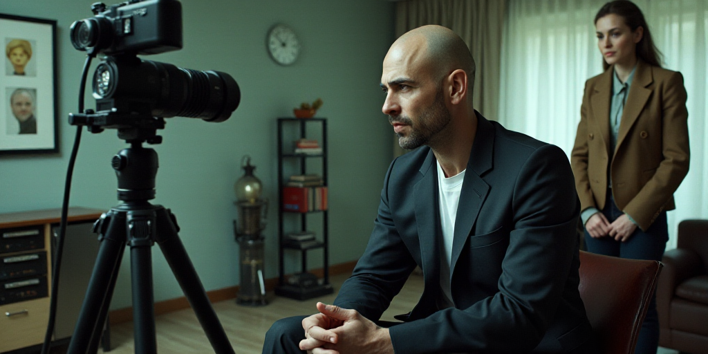 a man sitting in a room with a camera around him and a woman standing behind him looking at somethin