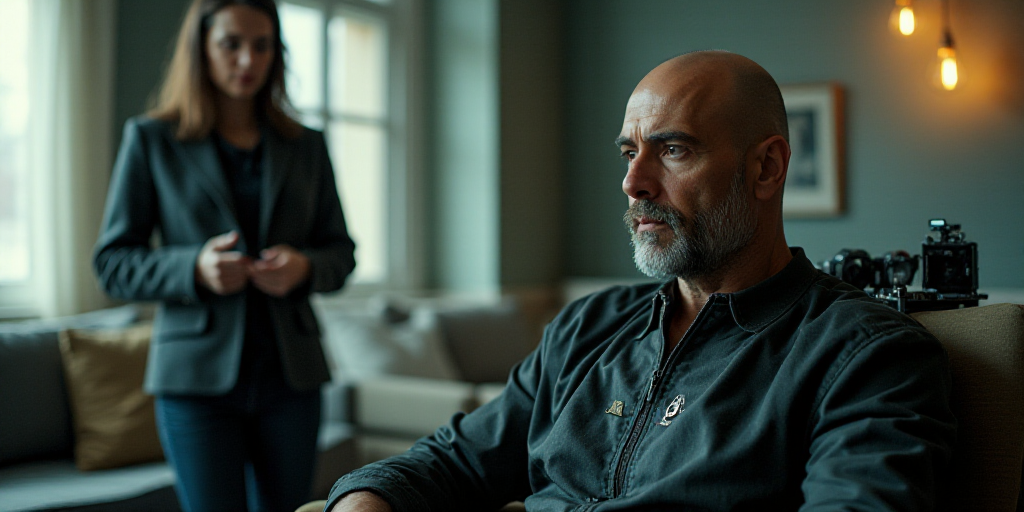 a man sitting in a room with a camera around him and a woman standing behind him looking at somethin