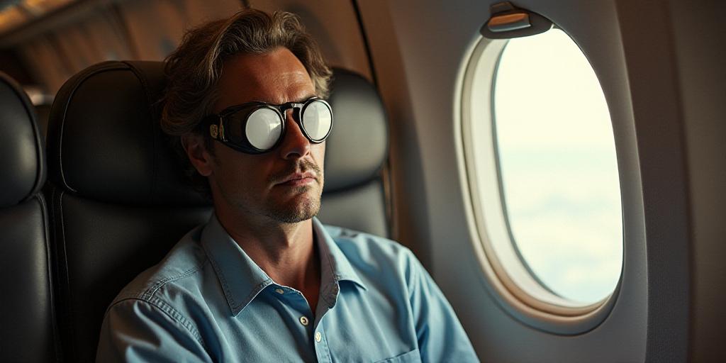 a man sitting in a seat with a pair of eye patch on his forehead and a plane window behind him, Estu