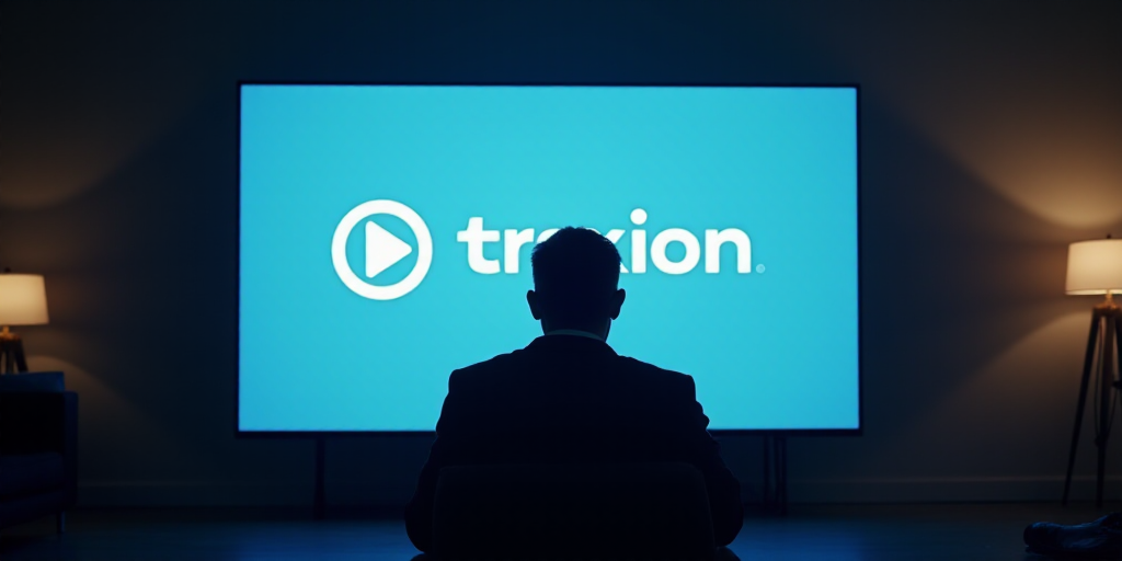a man sitting in front of a large screen with a logo on it that reads traxion video en movimentoo, A