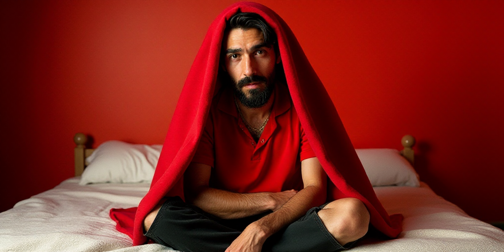 a man sitting on a bed with a red shirt on and a red blanket on his head and a red wall hanging behi