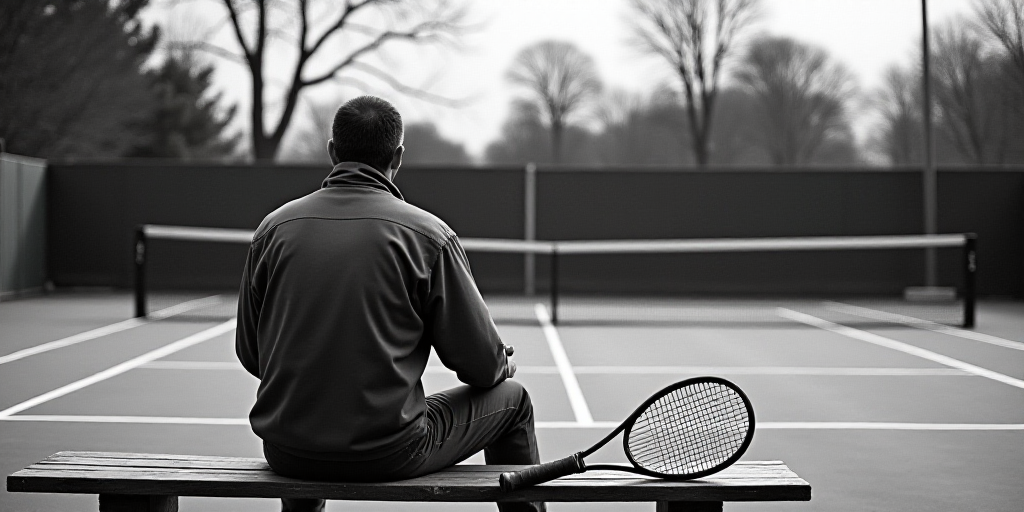 a man sitting on a bench in front of a tennis court with a tennis racket in his hand, Anton Solomouk