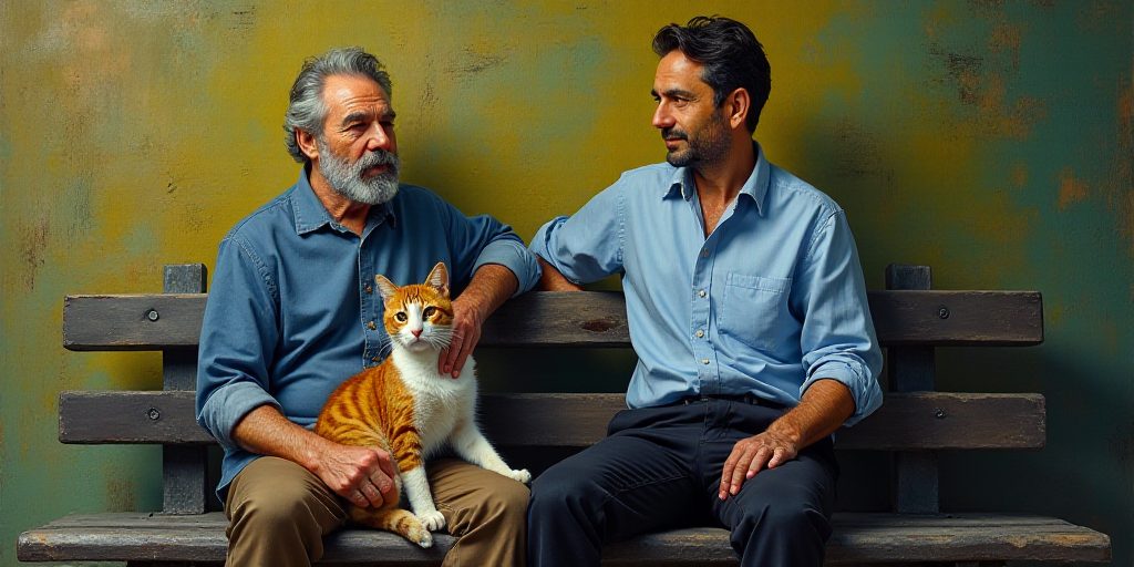 a man sitting on a bench with a cat in his lap and a man in a blue shirt and black pants, Arthur Sar