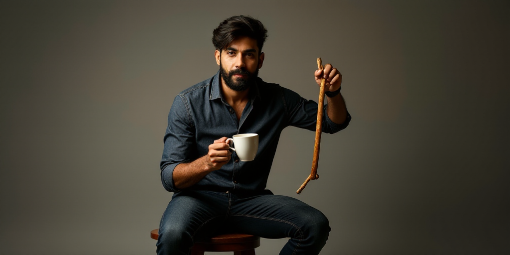 a man sitting on a stool holding a wooden stick in his hand and a cup of coffee in his other hand, B