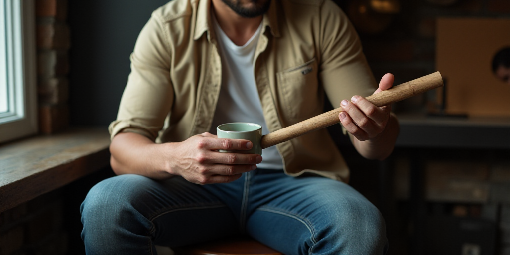 a man sitting on a stool holding a wooden stick in his hand and a cup of coffee in his other hand, B