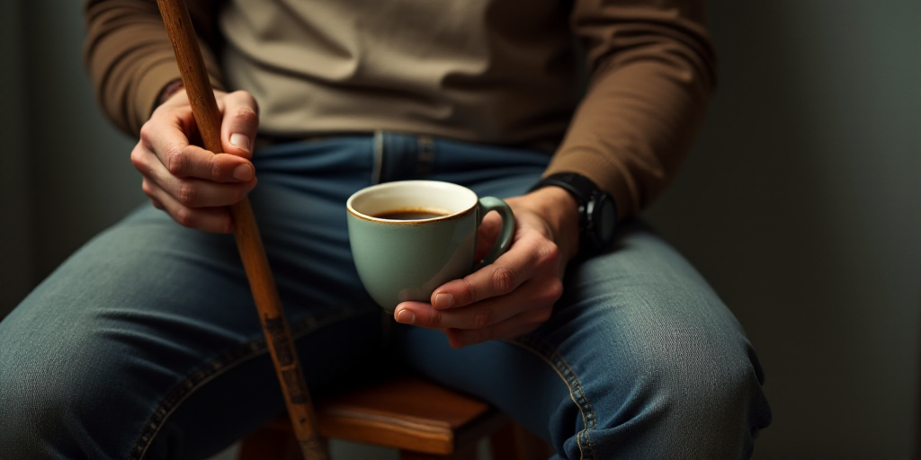 a man sitting on a stool holding a wooden stick in his hand and a cup of coffee in his other hand, B