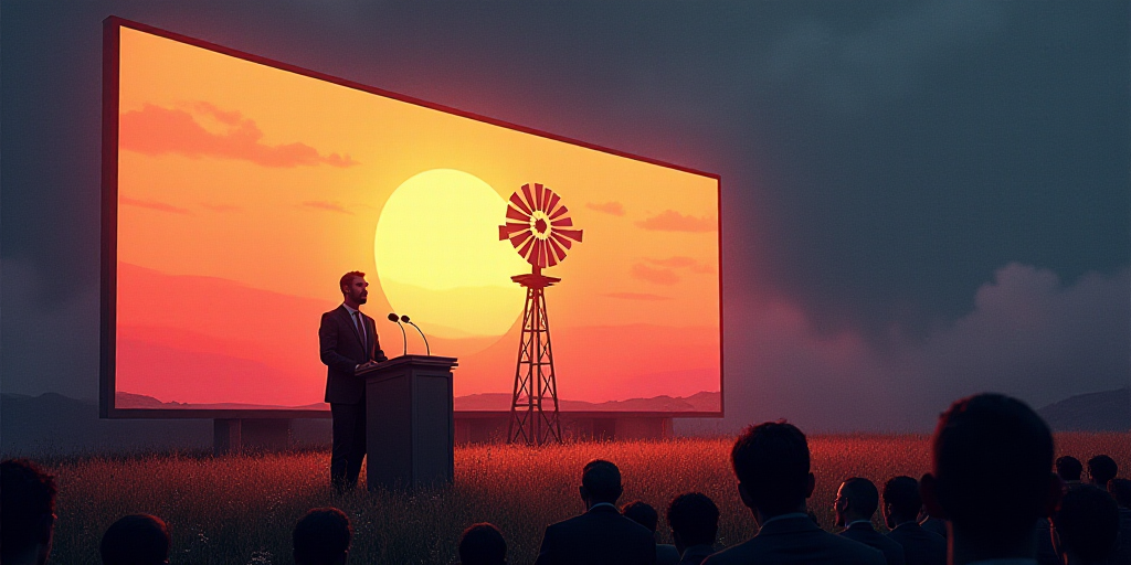 a man standing at a podium giving a speech in front of a large screen with a windmill on it, Bernard