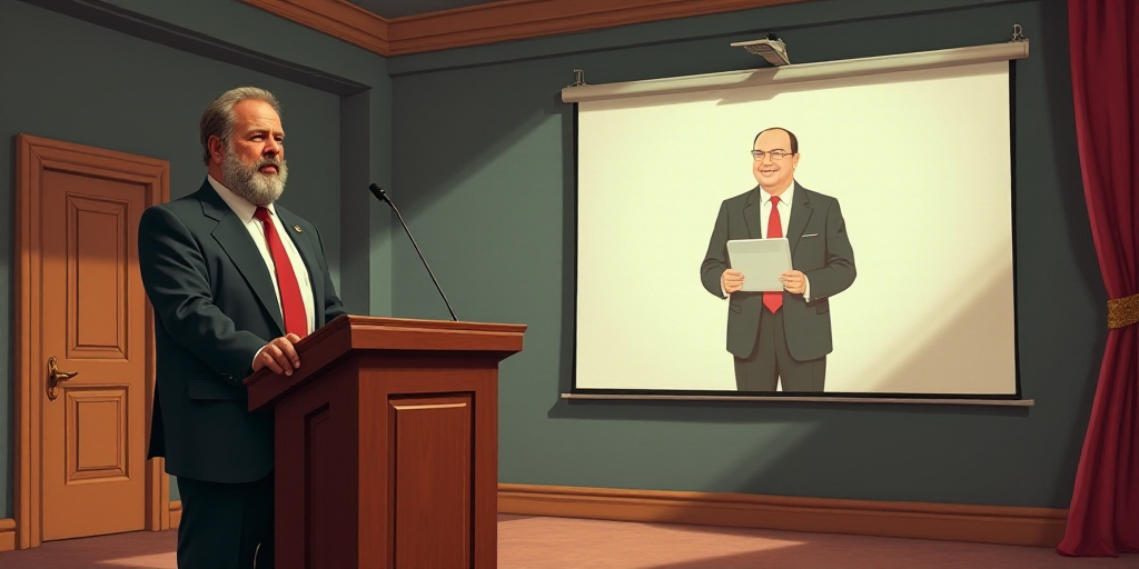 a man standing at a podium in front of a projection screen with a picture of a man holding a laptop,
