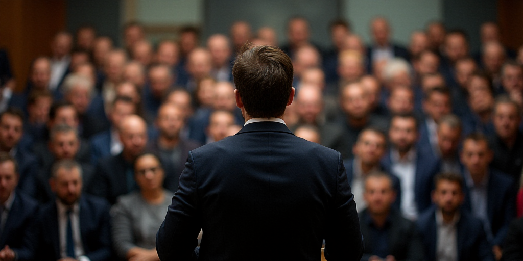 a man standing at a podium in front of a crowd of people with microphones in his hands and a speaker