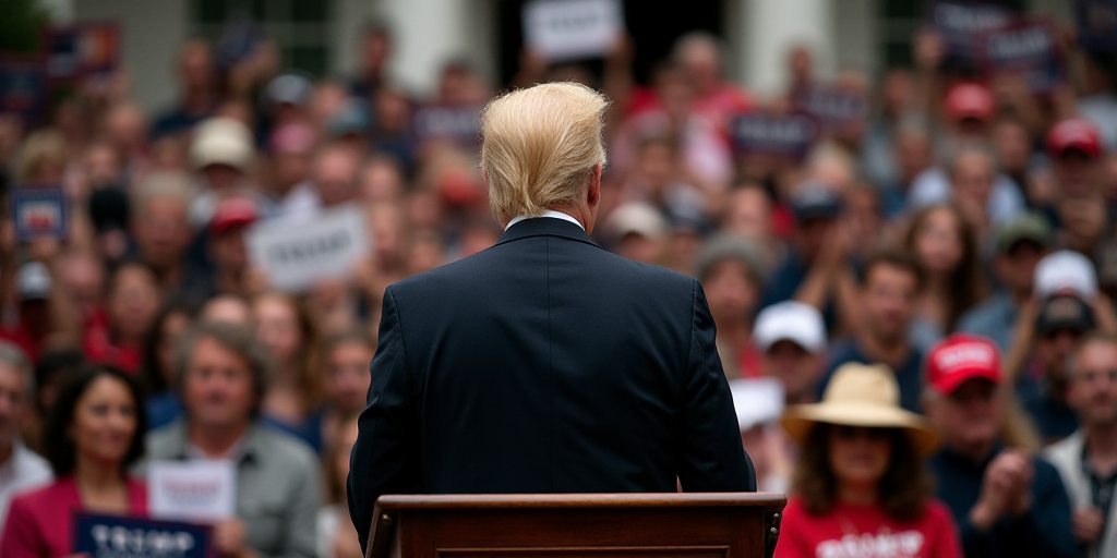 a man standing at a podium in front of a crowd of people holding pictures of president donald trump