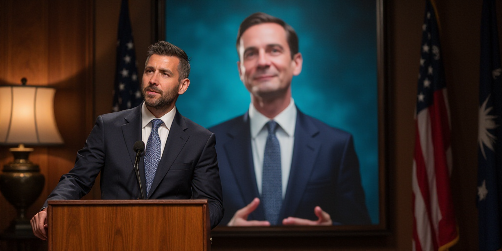 a man standing at a podium in front of a poster of a man in a suit and tie with a microphone, Brian