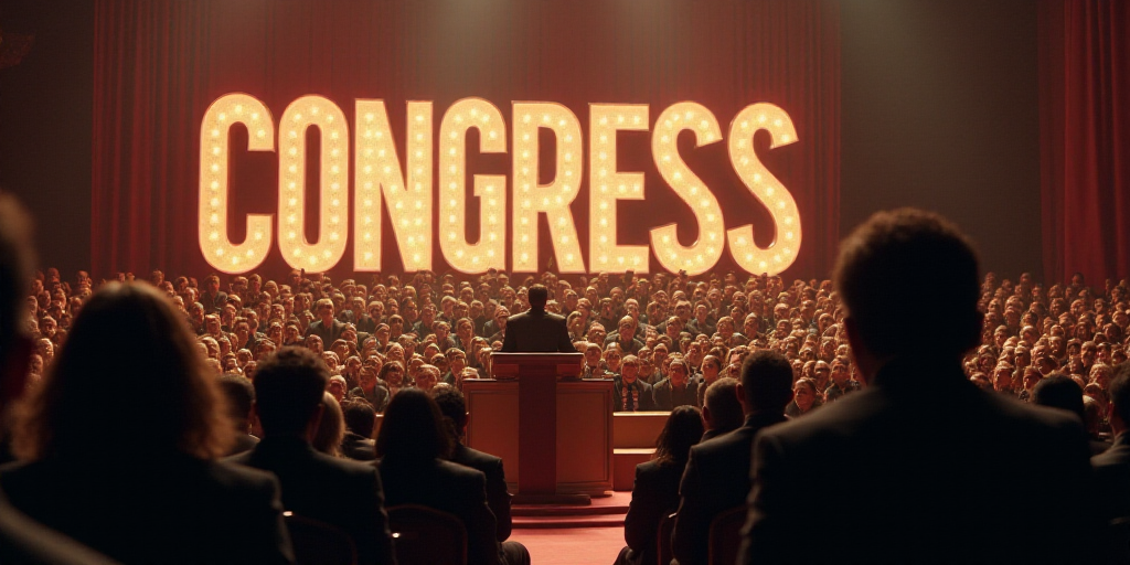 a man standing at a podium in front of a crowd of people in front of a large sign that says congress