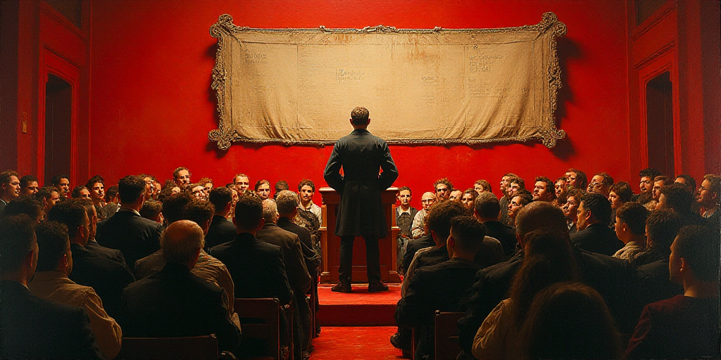 a man standing at a podium in front of a crowd of people in front of a red wall with a banner, Diego