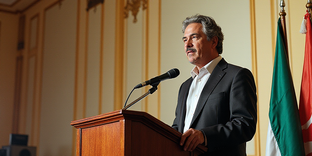 a man standing at a podium with a microphone in front of him and a sign behind him that says sinaloa