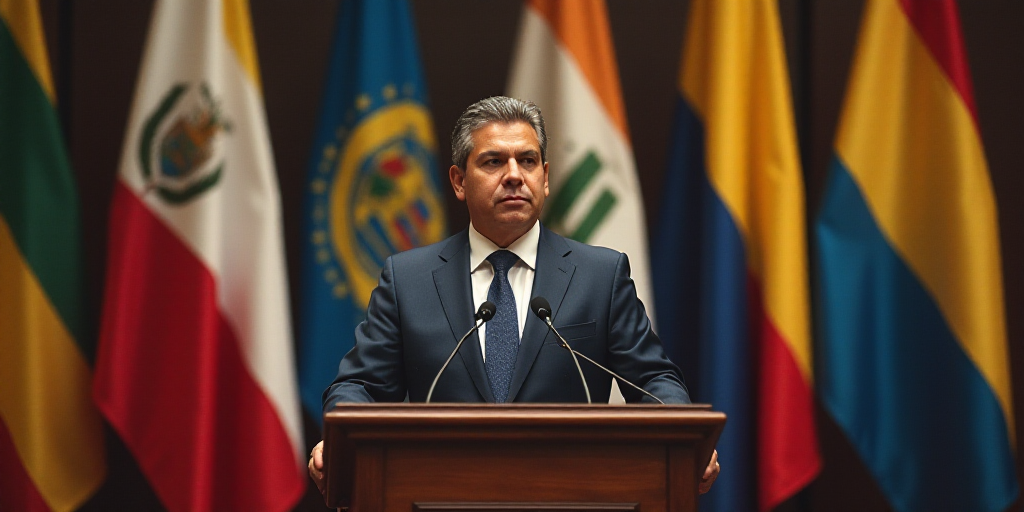 a man standing at a podium with a microphone in front of him and flags behind him in the background,
