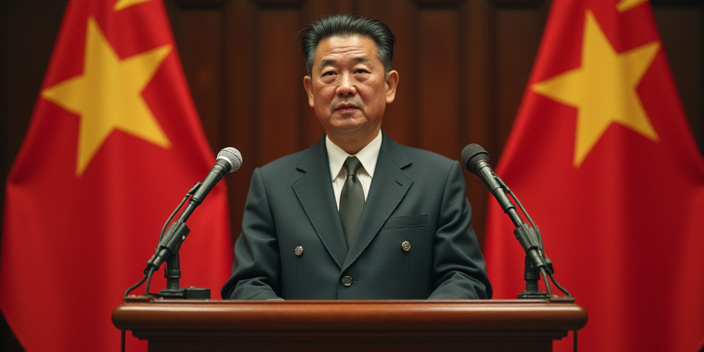 a man standing at a podium with microphones in front of two flags and a microphone in front of him,