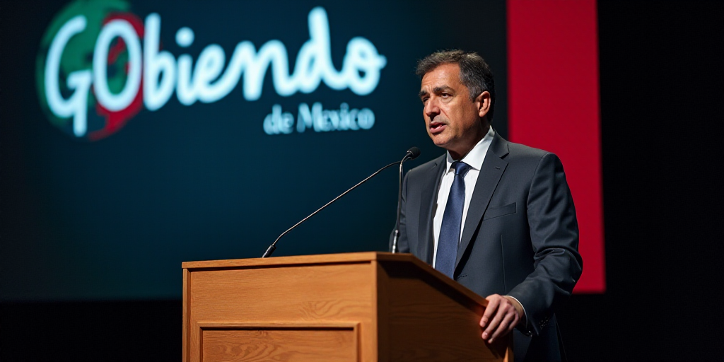 a man standing at a podium with a microphone in front of him and a sign behind him that says gobiend
