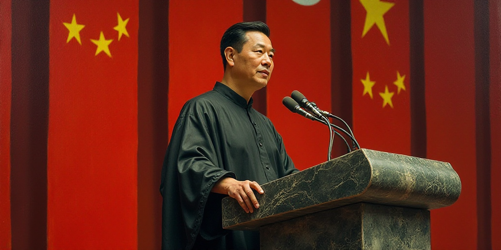 a man standing at a podium with flags behind him and a microphone in front of him with a microphone