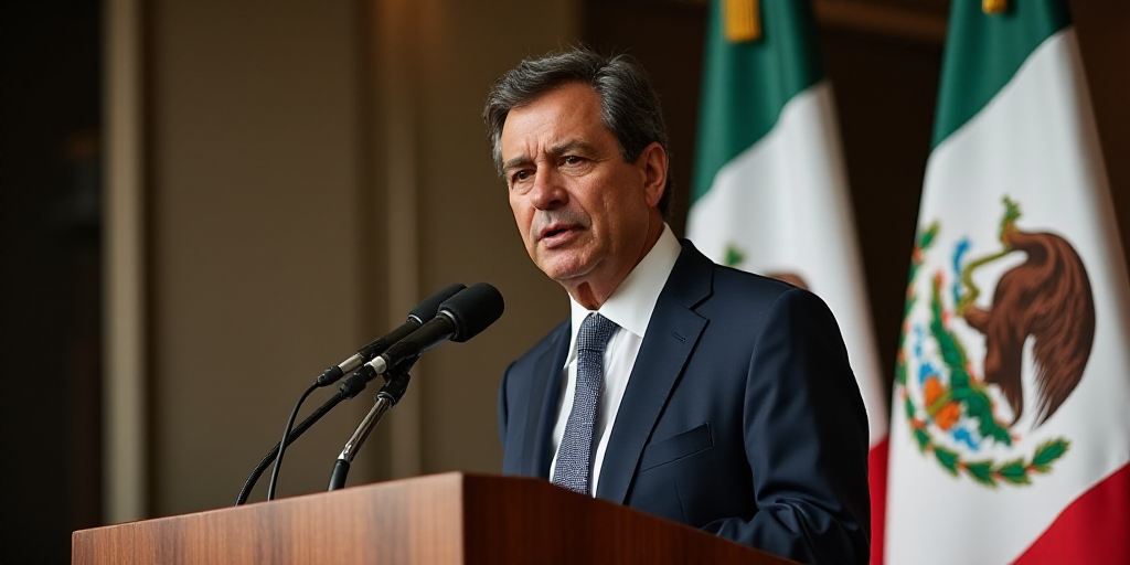 a man standing at a podium with a microphone in front of him and a mexican flag behind him and a sig