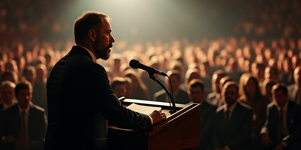 a man standing at a podium with a microphone in front of him and a crowd of people sitting around hi