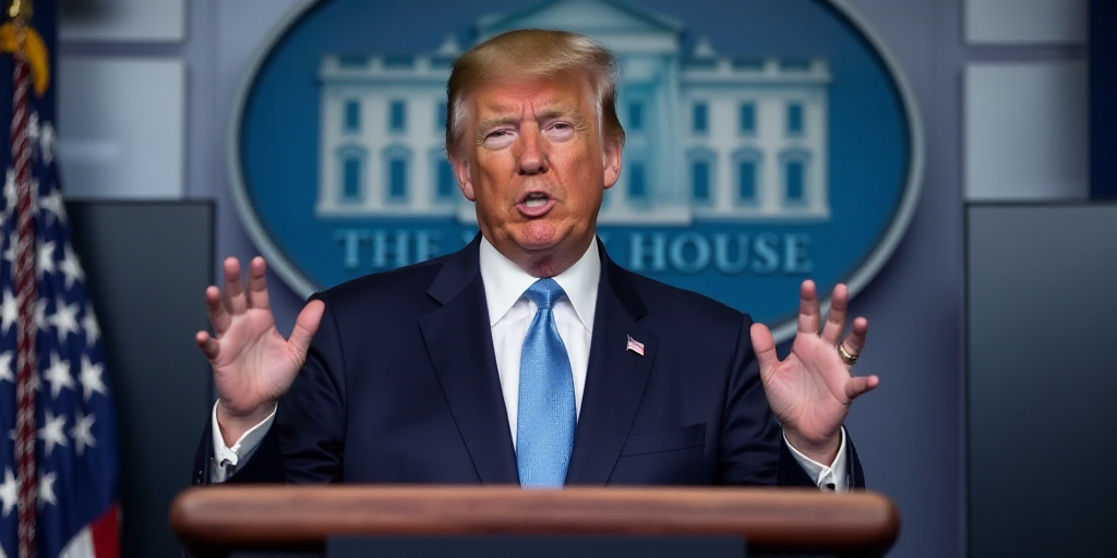 a man standing at a podium with his hands raised in front of him and a white house sign behind him,