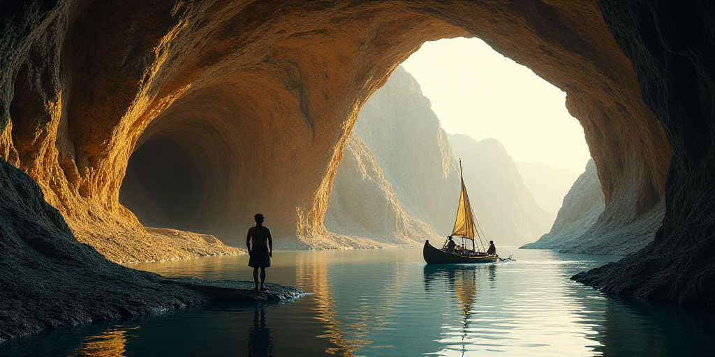 a man standing in a cave looking at a boat in the water and a man standing on a raft, Avgust Černig